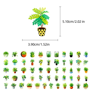 Detail showing dimensions 5.1x3.9cm of green potted plant stickers for notebooks