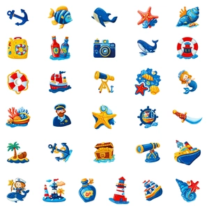 30 nautical cartoon stickers with lighthouse, anchor, and whale icons for laptop decor