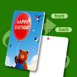 Detail showing the cute bear birthday card front with balloon and plain white back