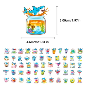 Detail view of 60 cartoon shark stickers in cups with size measurements and matrix layout