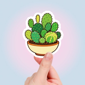 Close-up of green succulent and cactus sticker for notebook and journal decoration