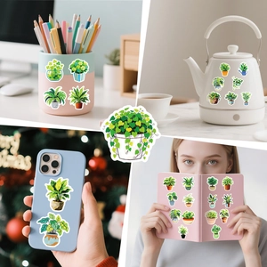 Waterproof green potted plant stickers displayed on phone case and notebook