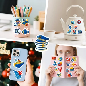 Macro shot of assorted nautical cartoon stickers for laptops and stationery decoration