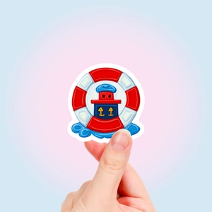 Close-up of waterproof nautical sticker featuring a lifeboat and anchor for laptops