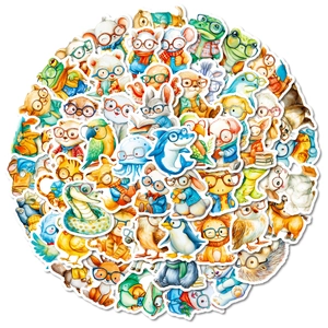 Set of 56 watercolor cartoon animal stickers featuring various animals wearing glasses