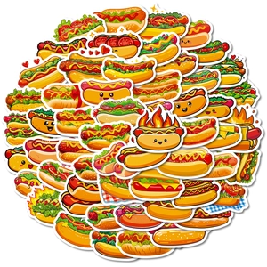 Set of 56 diverse hot dog graffiti stickers with cute cartoon characters for DIY decor