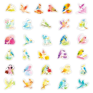 Set of 30 cute watercolor parrot stickers with floral and creative doodle patterns
