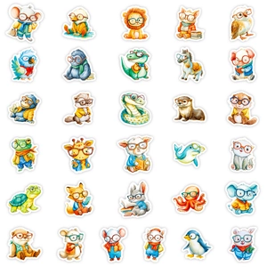 Set of 30 cute watercolor animal stickers with colorful glasses on white background