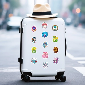 Waterproof Y2K stickers showing psychedelic mushroom and alien designs on white suitcase