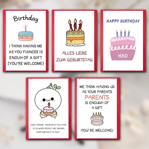 Set of 5 humorous birthday cards with red borders and colorful cake illustrations