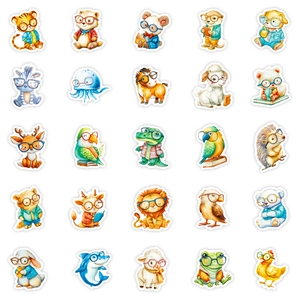 Cute set of 25 watercolor animal stickers wearing glasses for laptop and DIY crafts