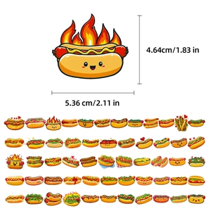 Detailed size chart showing assorted cartoon hot dog stickers with 1.83x2.11 inch dimensions