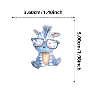 Detailed view of a cartoon zebra sticker with glasses and precise size measurements