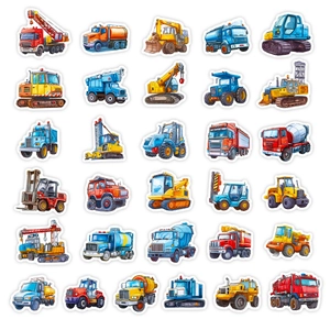 Set of 30 cartoon construction vehicle stickers including excavators and cranes for kids