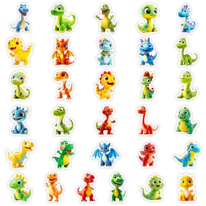 Set of 30 colorful 3D cartoon dinosaur stickers in a neat grid for kids DIY crafts