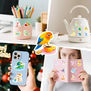 Detail showing cartoon parrot stickers on stationery and household items for decoration