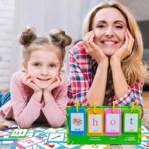 Kids English spelling toy with rotating cards shown in a cozy family learning setting