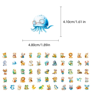 Detailed view of animal stickers with sizes showing a jellyfish with glasses in watercolor