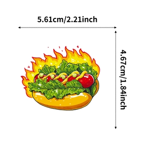 Cartoon hot dog sticker detail with dimensions showing 5.61 cm width and 4.67 cm height