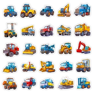 Set of 56 cartoon construction vehicle stickers featuring excavators and cranes for kids