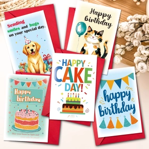 Cartoon Cat Dog Cake Pattern Birthday Greeting Cards Set With Red Envelopes Warm Watercolor Blessing Cards For Party Celebration