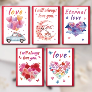 Set of 5 watercolor Valentine's Day greeting cards with romantic heart designs and envelopes
