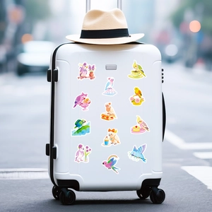 Cute cartoon parrot stickers on a white suitcase showing diverse bird designs and patterns