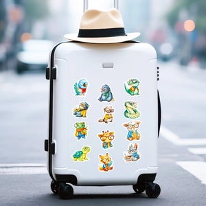 Detailed view of colorful cartoon animal stickers with glasses on a white suitcase