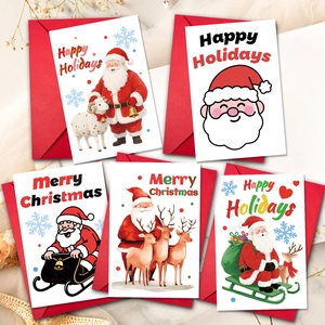 Set of 5 Christmas greeting cards with red envelopes featuring Santa and elk patterns