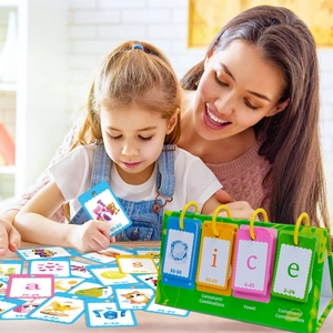 Educational English word phonics flip chart set shown during a parent-child learning session