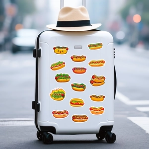 Detailed close-up of colorful cartoon hot dog stickers on a white travel suitcase