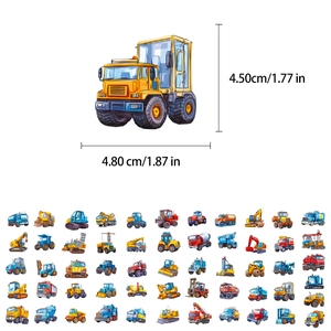 Detailed view of cartoon construction vehicle stickers with size dimensions for kids' DIY