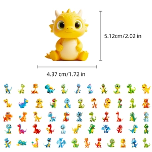 Detailed size specifications for a set of 60 colorful 3D cartoon dinosaur figurines