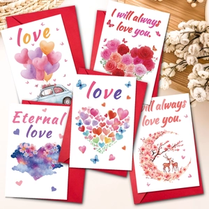 Set of 5 romantic Valentine greeting cards with envelopes featuring watercolor hearts and flowers