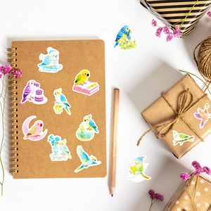 Detailed view of cute watercolor parrot stickers on notebook and gift box with dried flowers