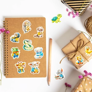 Detail of cute watercolor animal stickers with glasses for scrapbooking and DIY gifts
