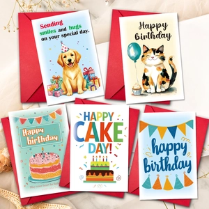 Set of 5 cute cartoon birthday greeting cards with red envelopes on marble surface