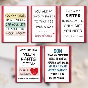 Set of 5 humorous greeting cards with red borders and sarcastic quotes and envelopes
