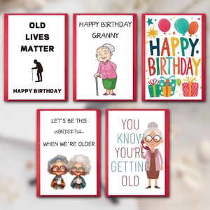 Set van 5 humoristische verjaardagskaarten voor ouderen met grappige karikaturen en enveloppen