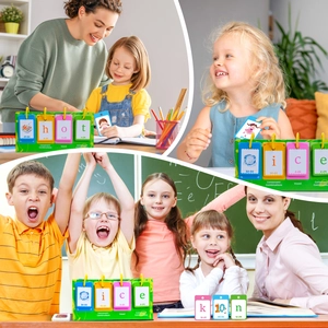 Macro view showing children using a multi-colored phonics flip book for English spelling