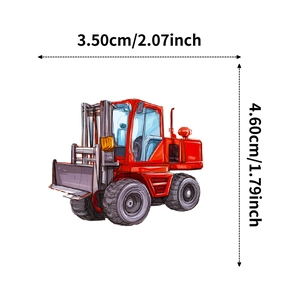 Detailed view of red forklift cartoon sticker with precise size markings in cm and inches