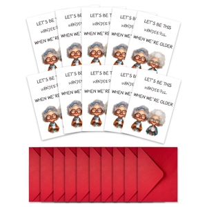 Set van 10 grappige ouderen wenskaarten met cartoonstijl en bijpassende rode enveloppen