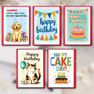 Set of 5 colorful cartoon birthday cards featuring dogs, cats and cakes with envelopes