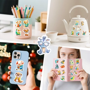 Various cute cartoon animal stickers with glasses on laptop and water bottle surface