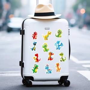 Detailed view of colorful 3D dinosaur stickers applied on a white travel suitcase