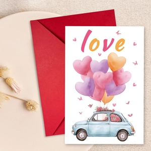 Detail of Valentine greeting card featuring a retro car with heart balloons and red envelope