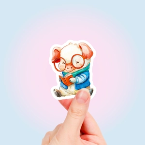Close-up of a cartoon pig sticker with glasses and scarf, watercolor style illustration