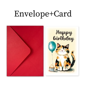 Detail of happy birthday card with watercolor calico cat, balloon and red envelope
