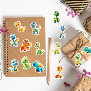 Close-up of colorful 3D cartoon dinosaur stickers on a kraft paper notebook for DIY journaling