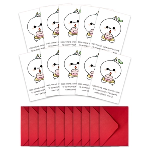 Detailed set of 10 funny birthday cards with cute cartoons and 10 red envelopes